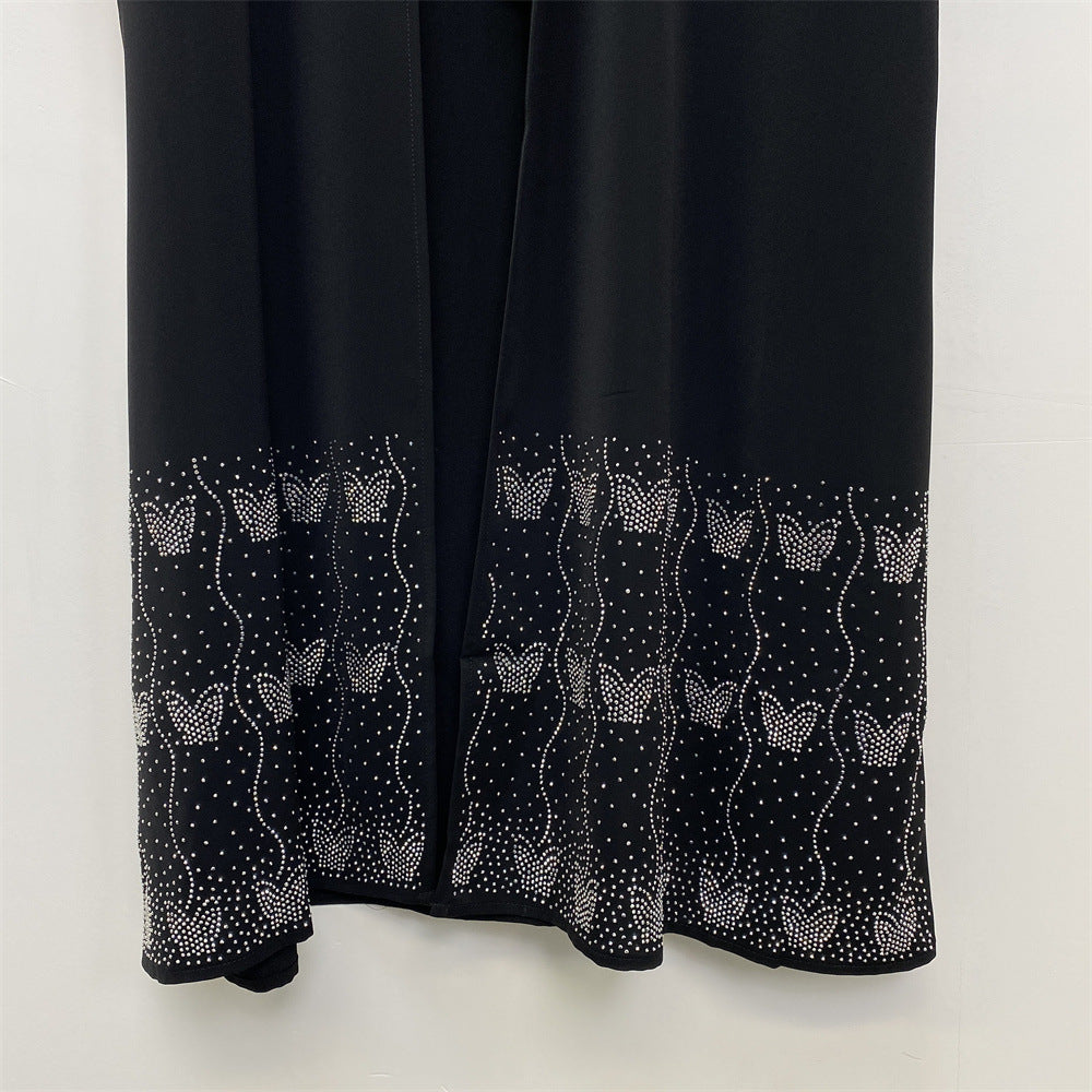1431#Latest Sparkle Beauty Diamond Classic Black Elegant With Side Pockets Women Open Abaya