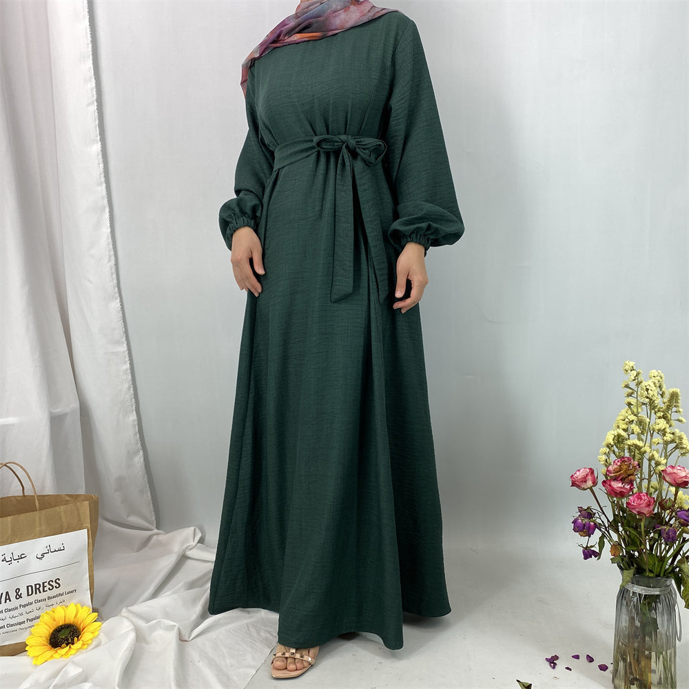 6840#New Linen Summer Abaya Dress Islamic Clothing for Dubai Turkish Muslim Women with Long Sleeve and Side Pockets