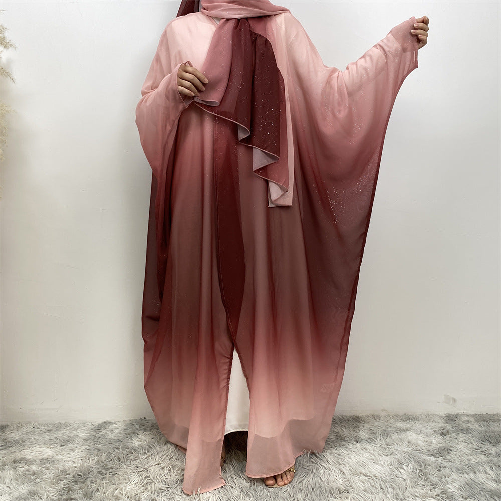 67501#2024 Kimono Abaya Dubai Gradient Color Islamic Clothing Women Muslim Dress with Hijab