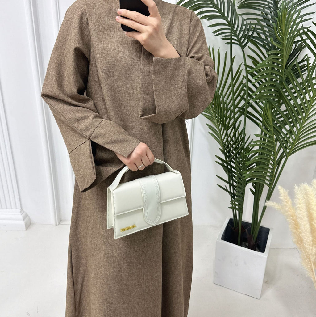 1715#Linen Abaya Slit Long Sleeves with Side Pockets and Back Zipper Women Casual Dress 的副本