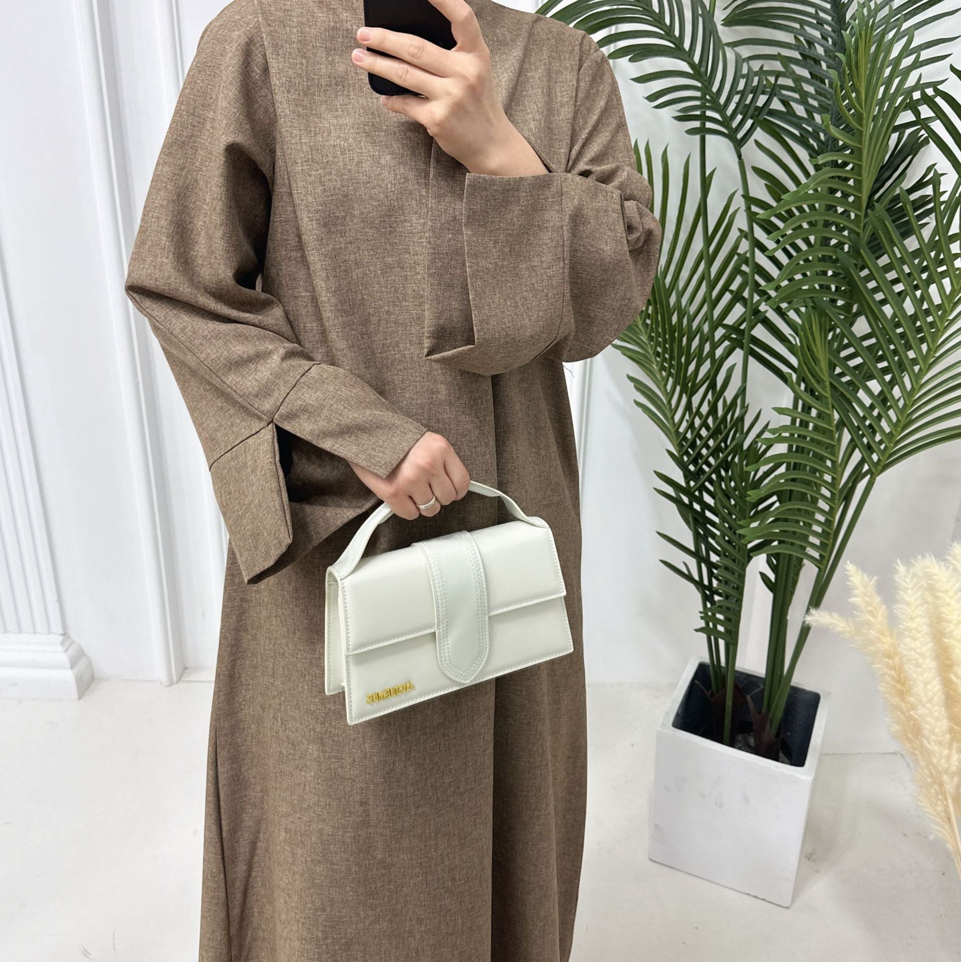 1715#Linen Abaya Slit Long Sleeves with Side Pockets and Back Zipper Women Casual Dress 的副本