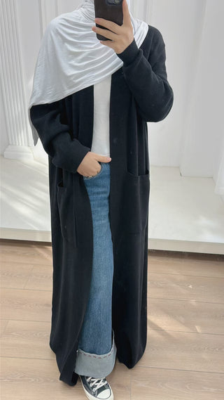 1906#Open Front Abaya with Pocket Thick Islamic Clothing Winter Cardigan Dress EID Ramadan Muslim Knitted Abaya