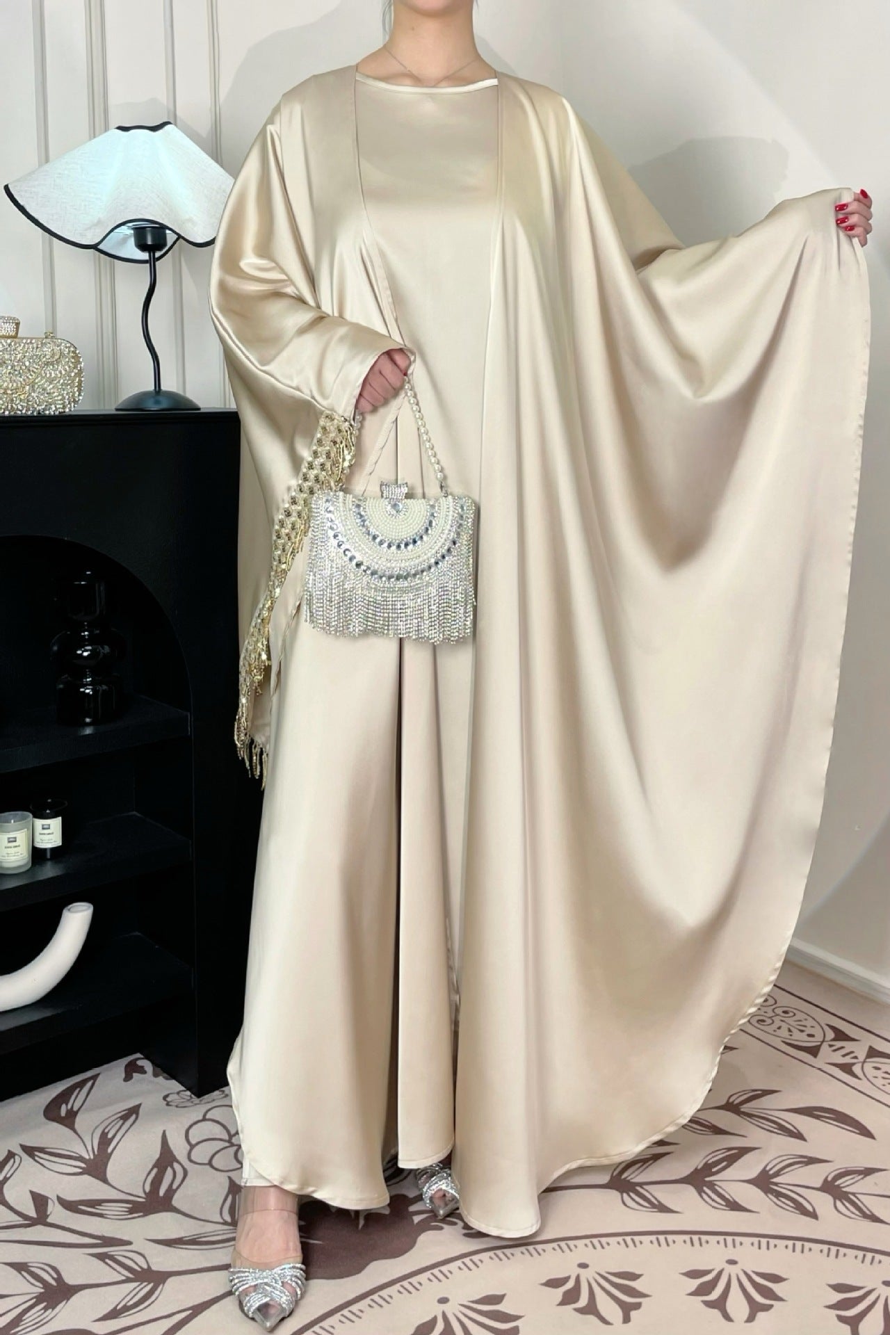 1037#Luxury Abaya Manufacturer Islamic Clothing Cardigan Abaya and Inner Dress Set With Diamond Chain