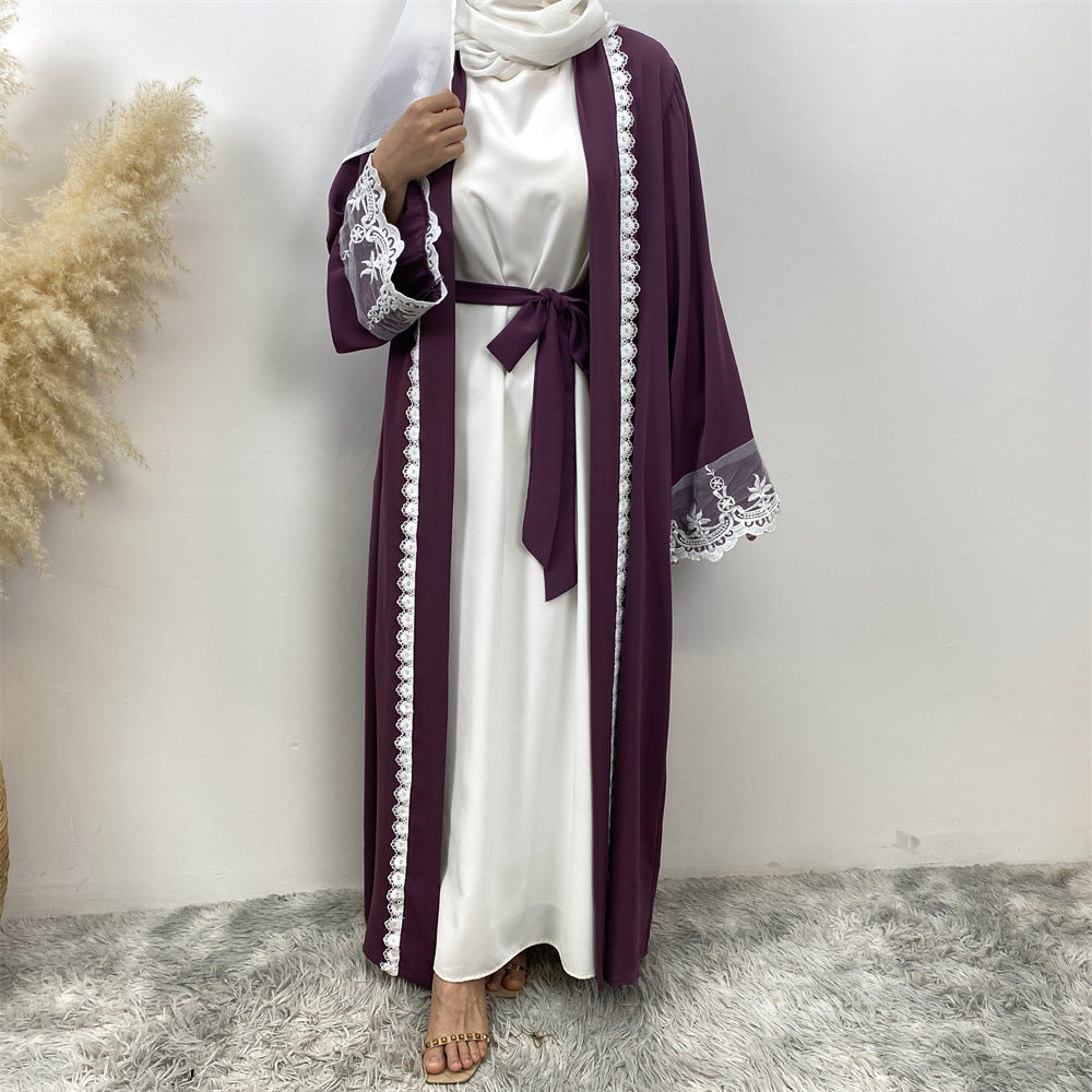 1405#Latest Eid Nida Material Flower Lace Border Classy Embroidery Women Open Abaya