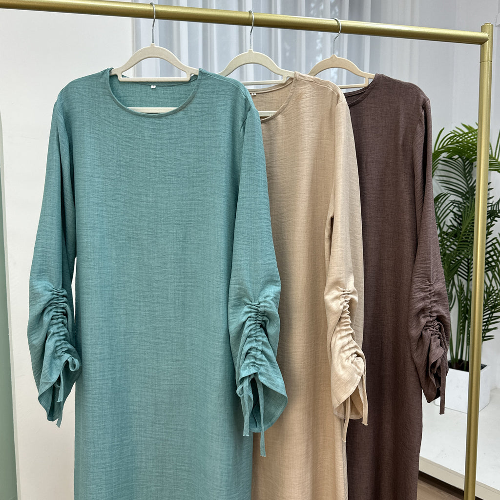 1833#Hot Selling Women Abaya Ruched Sleeve Long Dress Solid Color Breathable Closed Abaya Women Muslim Dress
