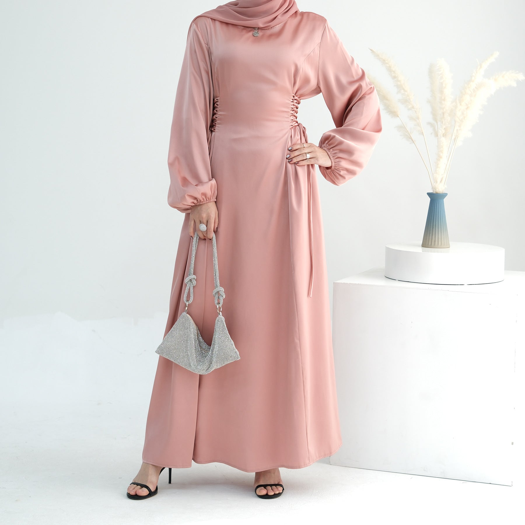 1702#2024 New Modest Dresses Satin Casual Dresses Abaya Women Muslim Dress Ramadan 的副本