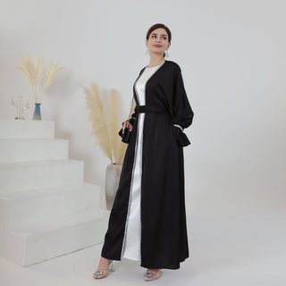 1633#New Design Modest Dubai Muslim Dress Satin Women Open Abaya 2pc set