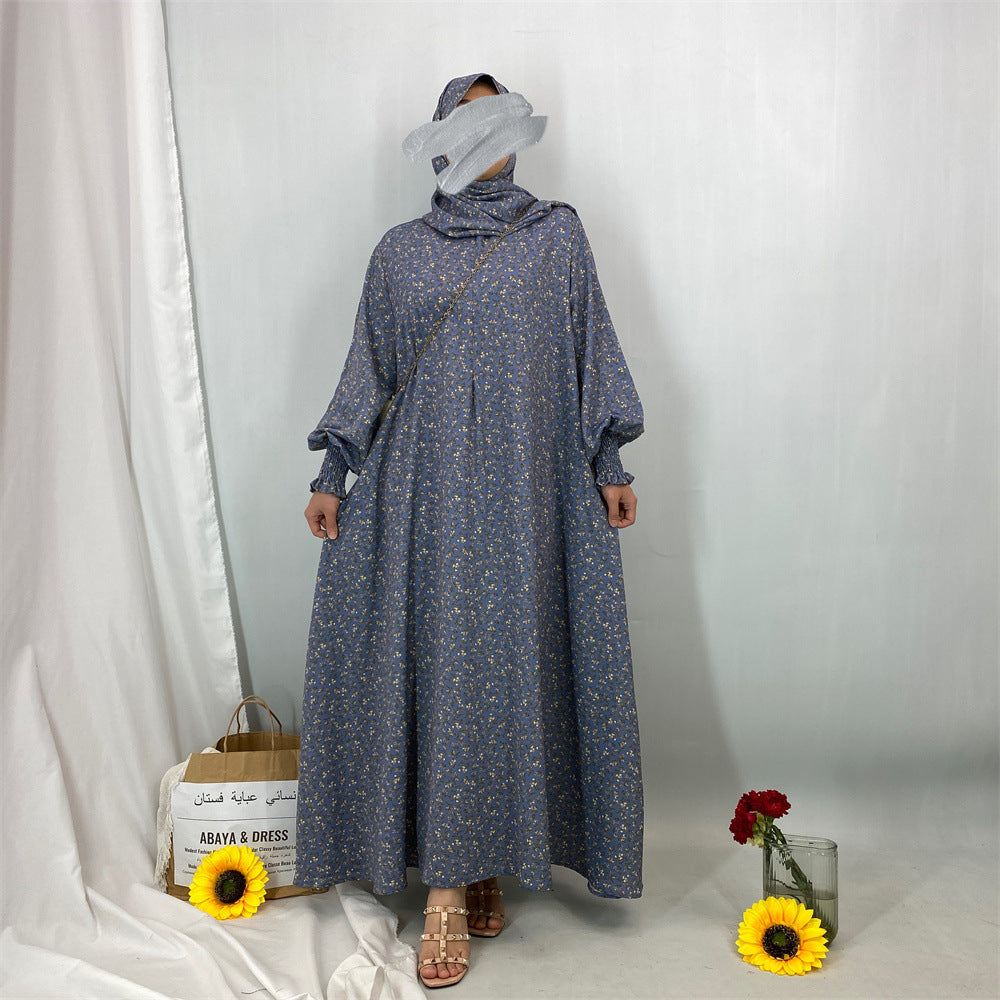6847#Floral Printed One Piece Tradition Prayer Abaya Robe with Attached Hijab