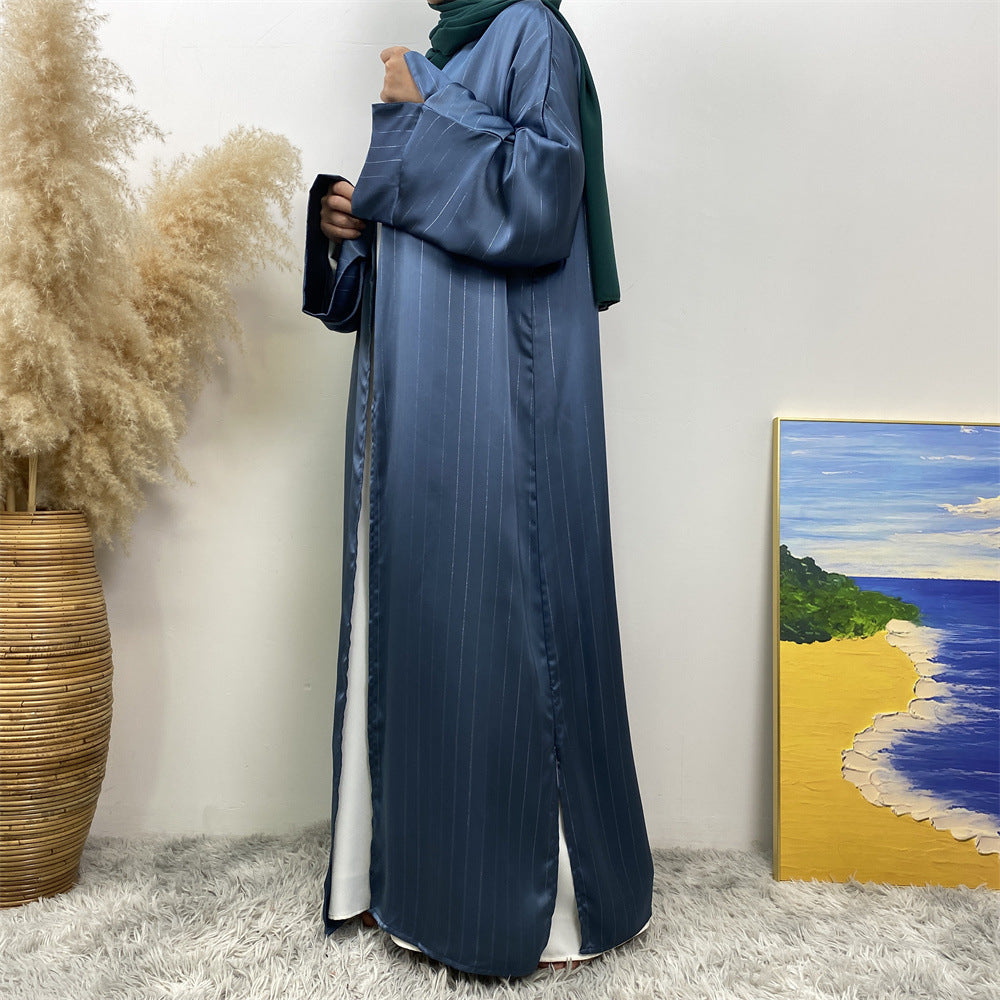 1439#Women Abaya Smooth Satin Kimono Slit Sleeve Popular Islamic Clothing Modest Silver Line Printed Abayas