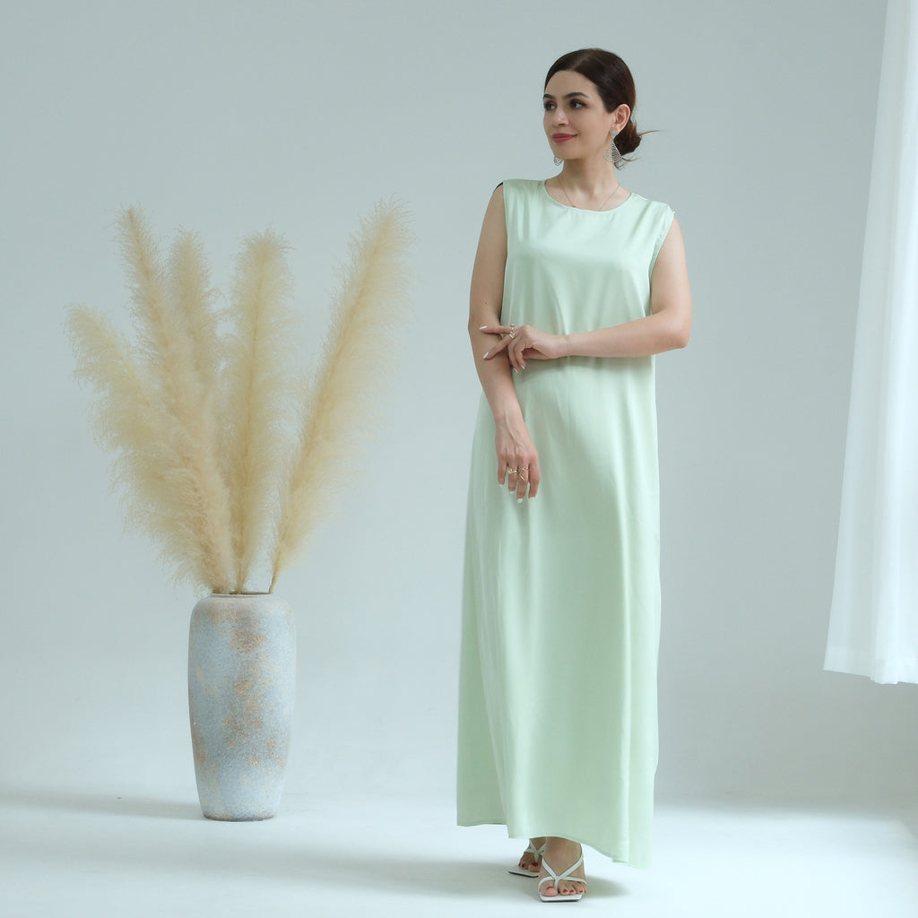 1635#Modest Sleeveless Inner Dress Satin Fabric Islamic Clothing Muslim Dress