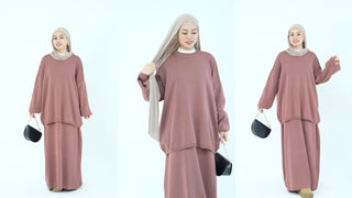 1928#Knit Fabric Solid Color Women's Dress Islamic Clothing Sweater Skirt Set 2pcs Winter Set Abaya