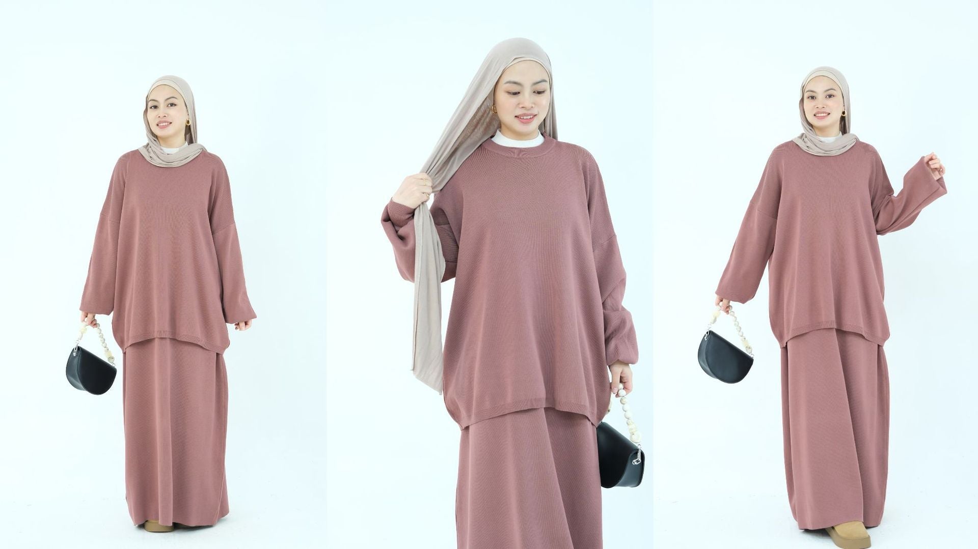 1928#Knit Fabric Solid Color Women's Dress Islamic Clothing Sweater Skirt Set 2pcs Winter Set Abaya