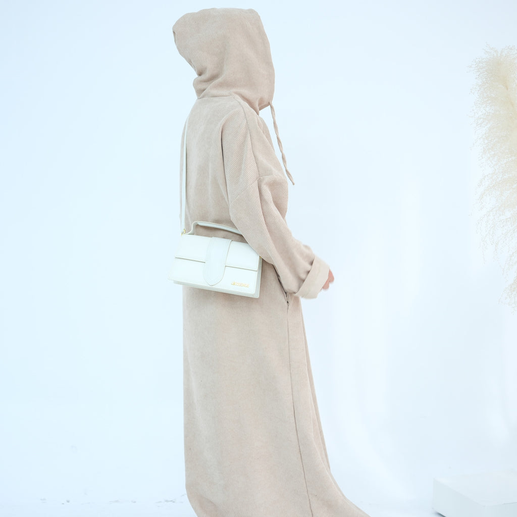 1890#Casual Cordury Hoodie Abaya Loose  Muslim Women Dress with Pockets Daily Wear Winter Abaya