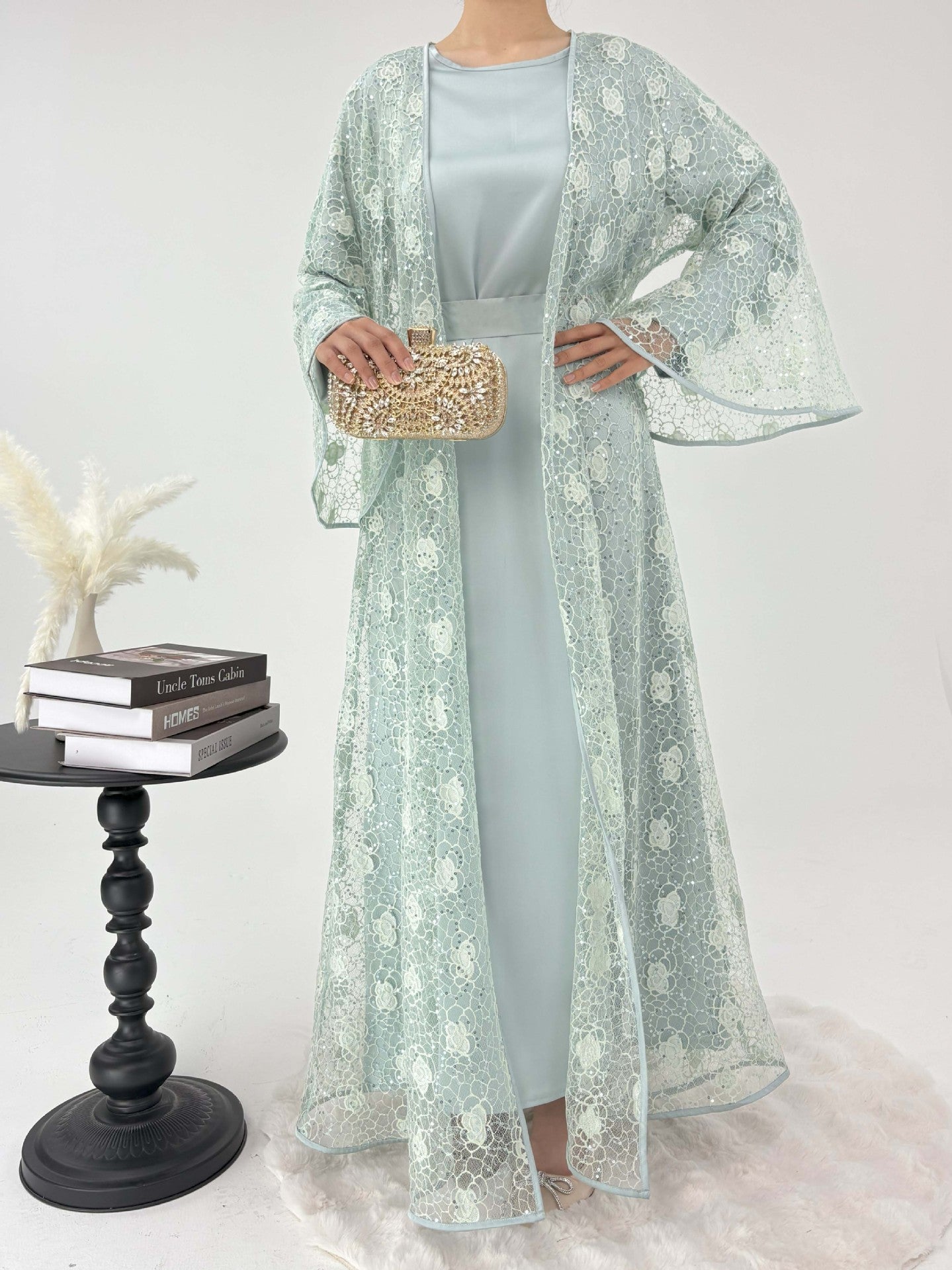 1031#2pcs Lace Abaya Women Muslim Dress Set  Islamic Clothing Kaftan