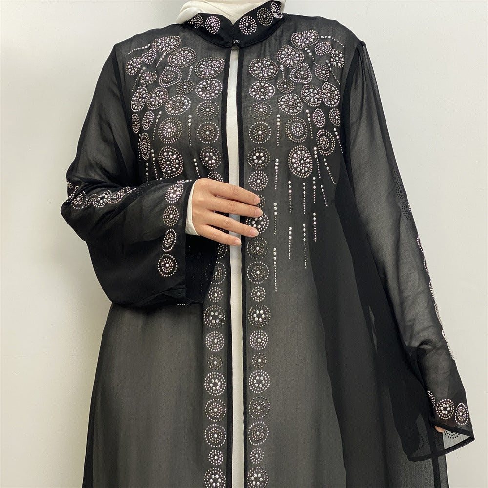6740# Luxury chiffon africa diamond abaya long robe kaftan muslim women rhinestone open abaya