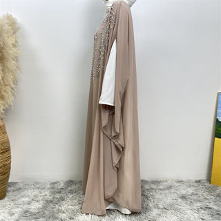 6742# Luxury Rhinestone Chiffon Abaya Hot Drilling Bead With Pearls Classy Cardigan