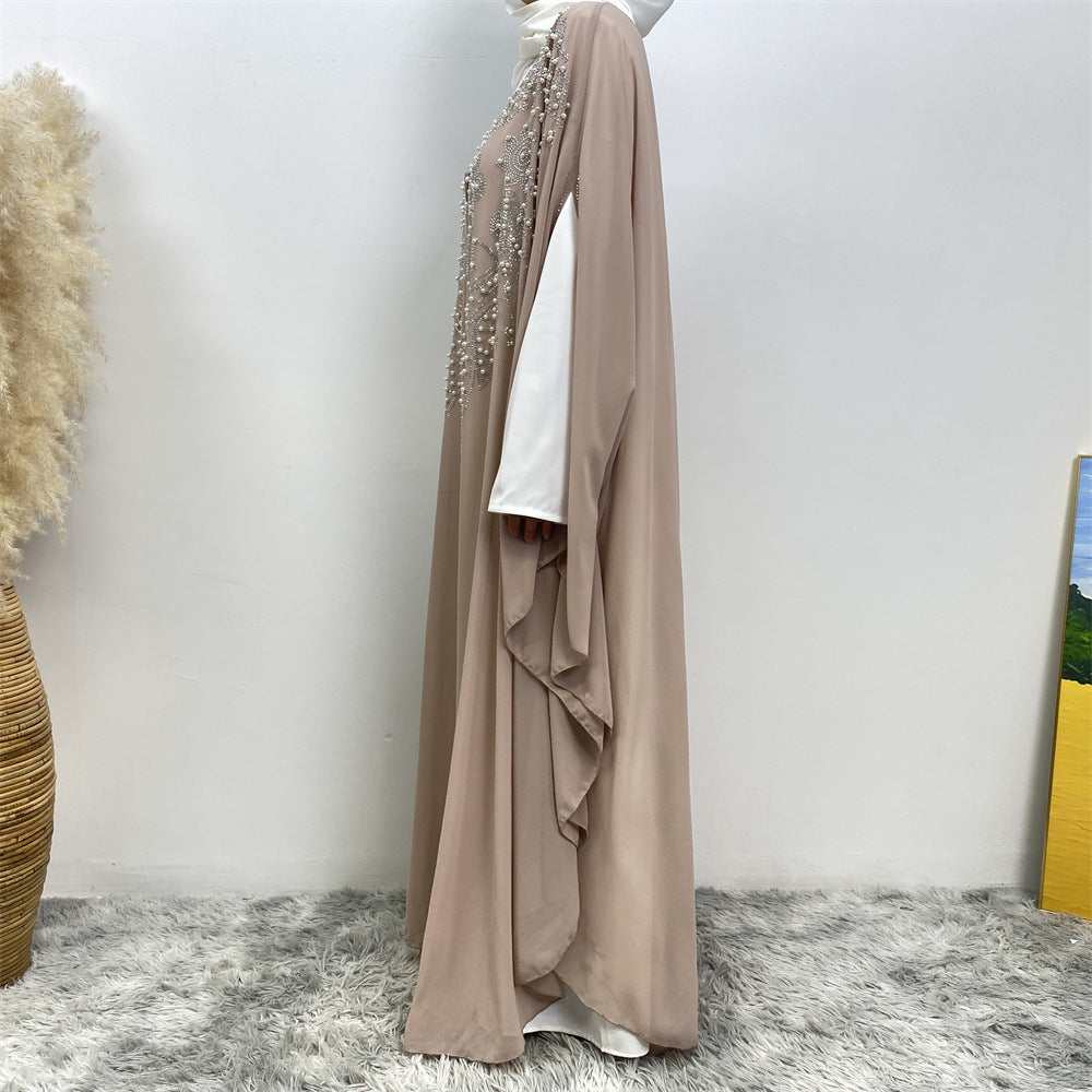 6742# Luxury Rhinestone Chiffon Abaya Hot Drilling Bead With Pearls Classy Cardigan