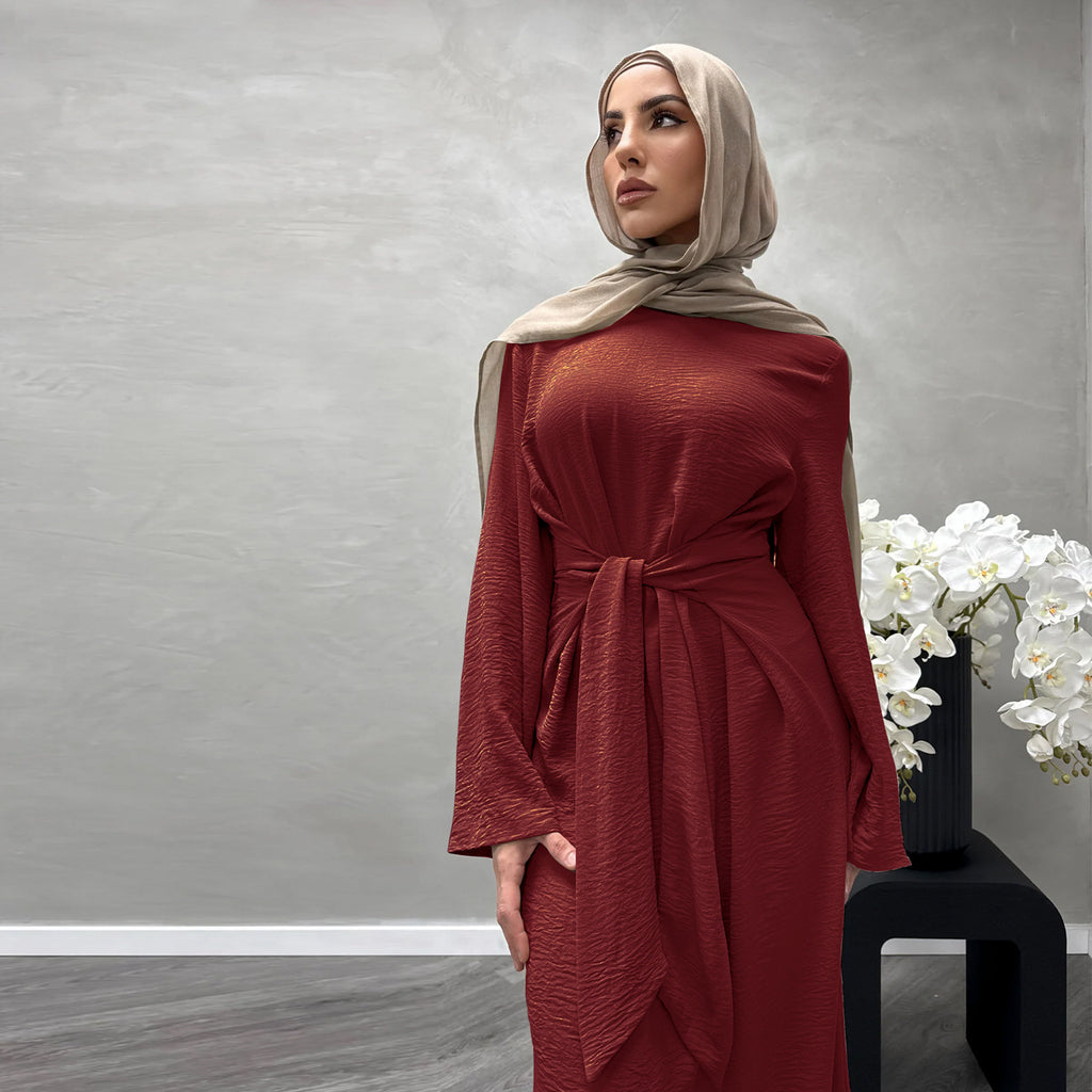 1822#New Arrival Modest Apparel Tie Front Waist Dresses Jazz Maxi Dress Fashion Abaya Women Muslim Dress