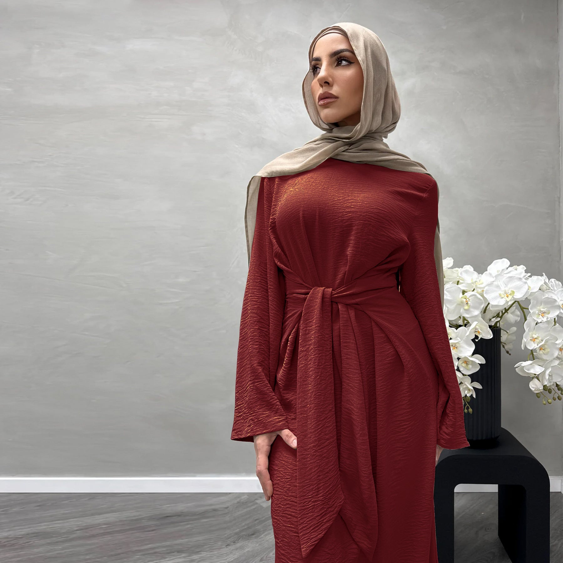 1822#New Arrival Modest Apparel Tie Front Waist Dresses Jazz Maxi Dress Fashion Abaya Women Muslim Dress