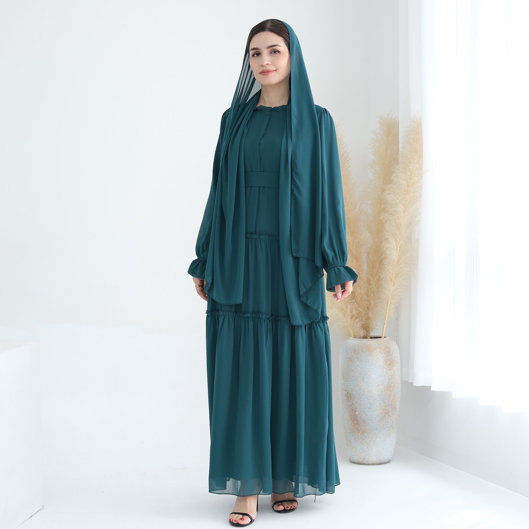 1754#2024 Solid Color Layered Chiffon Elegant Dress with Front Buttons and Lining