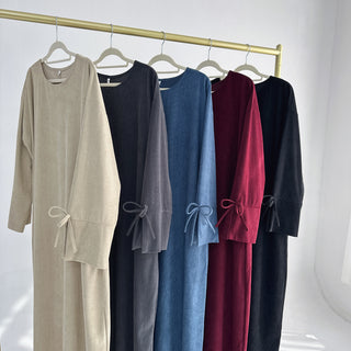 1925#Winter Thin Corduroy Bowknit Modest Abaya Robe Elegant Muslim Women  Closed Abaya with Pocket