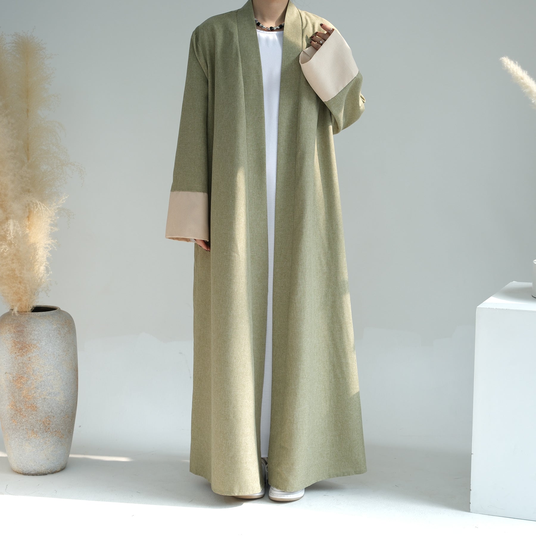 1744#2024 Latest Islamic Clothing Color-blocked Sleeves Linen Cardigan Open Abaya