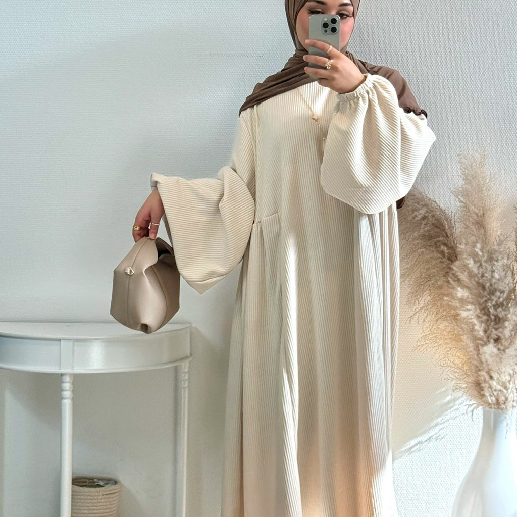 1919#New Winter Abaya Round Neck Balloon Sleeves Solid Color Cordury Closed Abaya Women Dresses