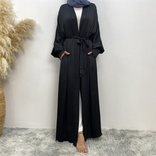 1975# New satin open abaya women dubai cardigan with side pockets