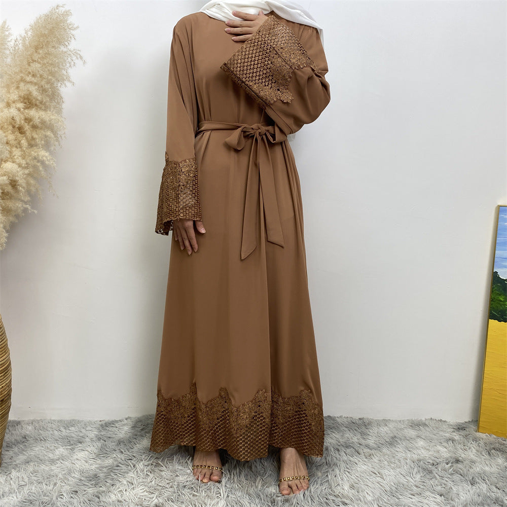 6708#New Nida Flower Applique With Mesh With Side Pockets Classy Women Dress Close Abaya