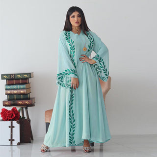 001#Chiffon Long Muslim Embroidery Round Neck Dress With Scarf