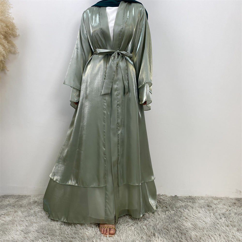 1432#Flowy Shiny Silk Material New Design Two Layers Loose Sleeves Classy Fashion Popular Ladies Islamic Open Abaya