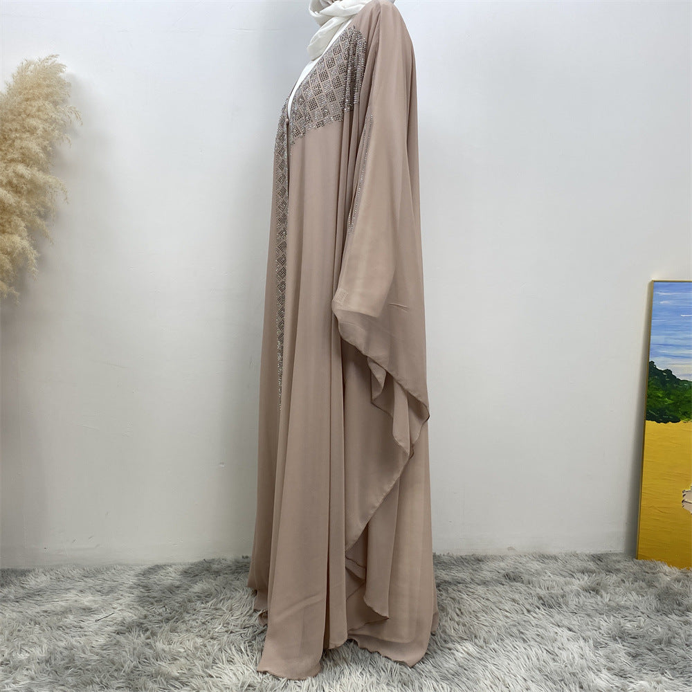6739# Luxury Rhinestone Chiffon Abaya Hot Drilling Bead With Pearls Classy Cardigan
