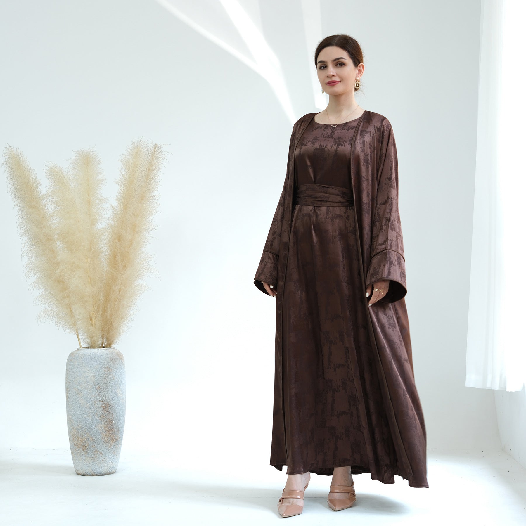 1655#Luxury Muslim Clothing Unique Satin Slip Dress and Open Abaya Set 2 Piece Modest Abaya