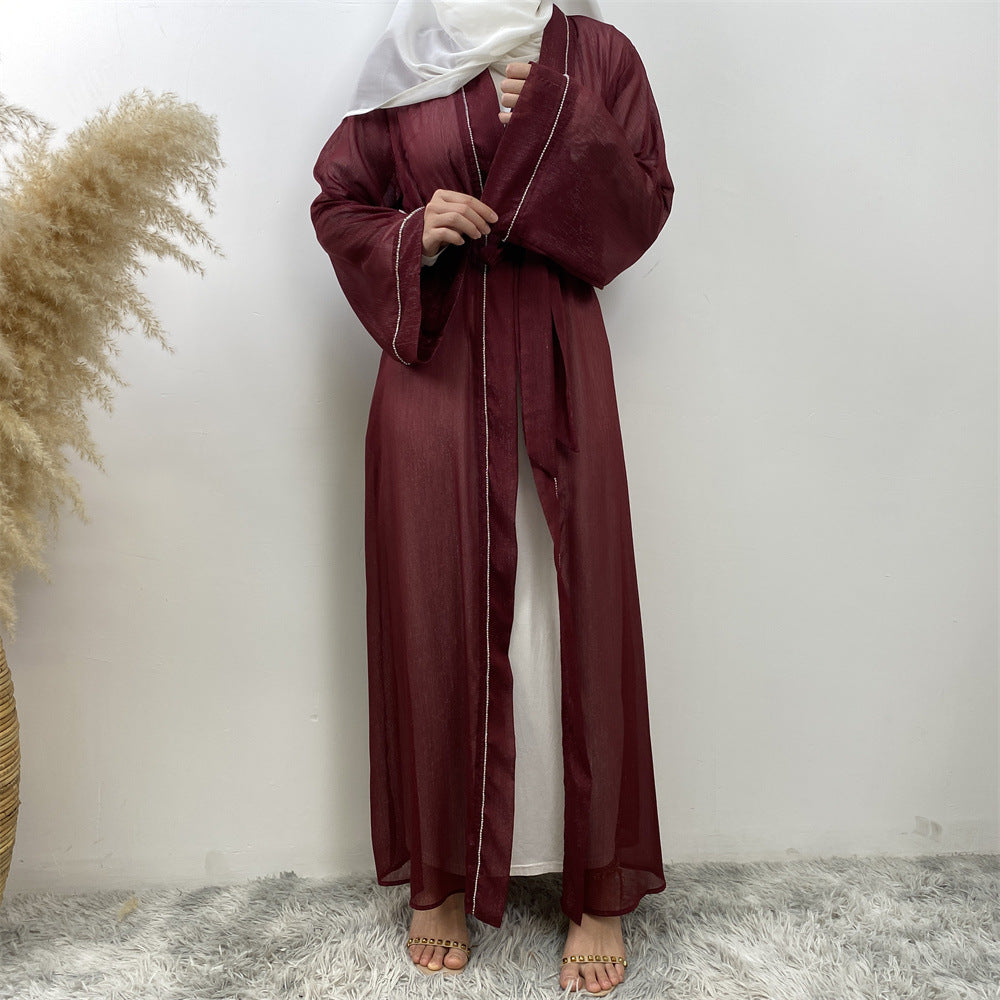 1425#New Material Transparent Silk Polyester Luxury Diamond Border With Pockets Women Open Abaya