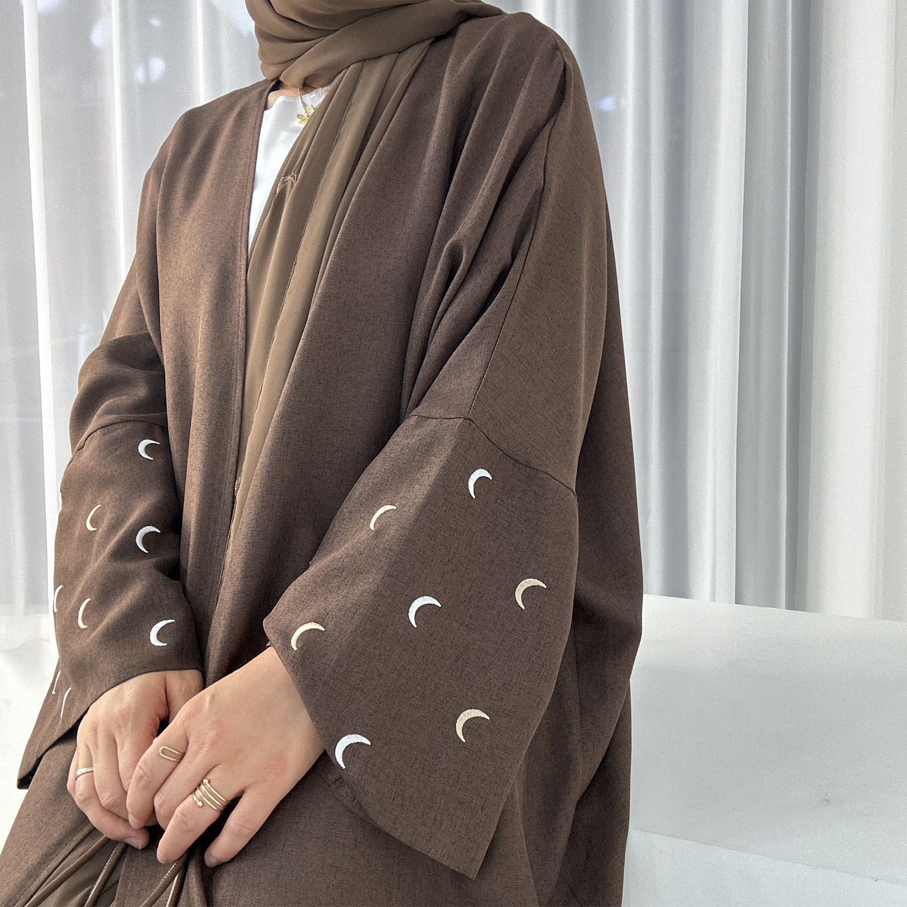 1664#New Arrival EID Linen Islamic Clothing Musulmane Moon Embroidery Women Kimono Cardigan Abaya