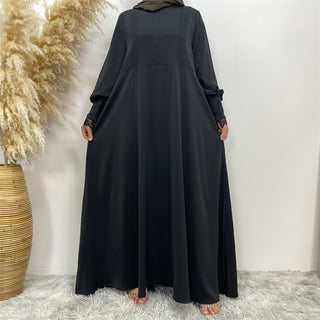 1693#Pleated Front Zipper Crew Neck Dress 9 Colors Muslim Dress