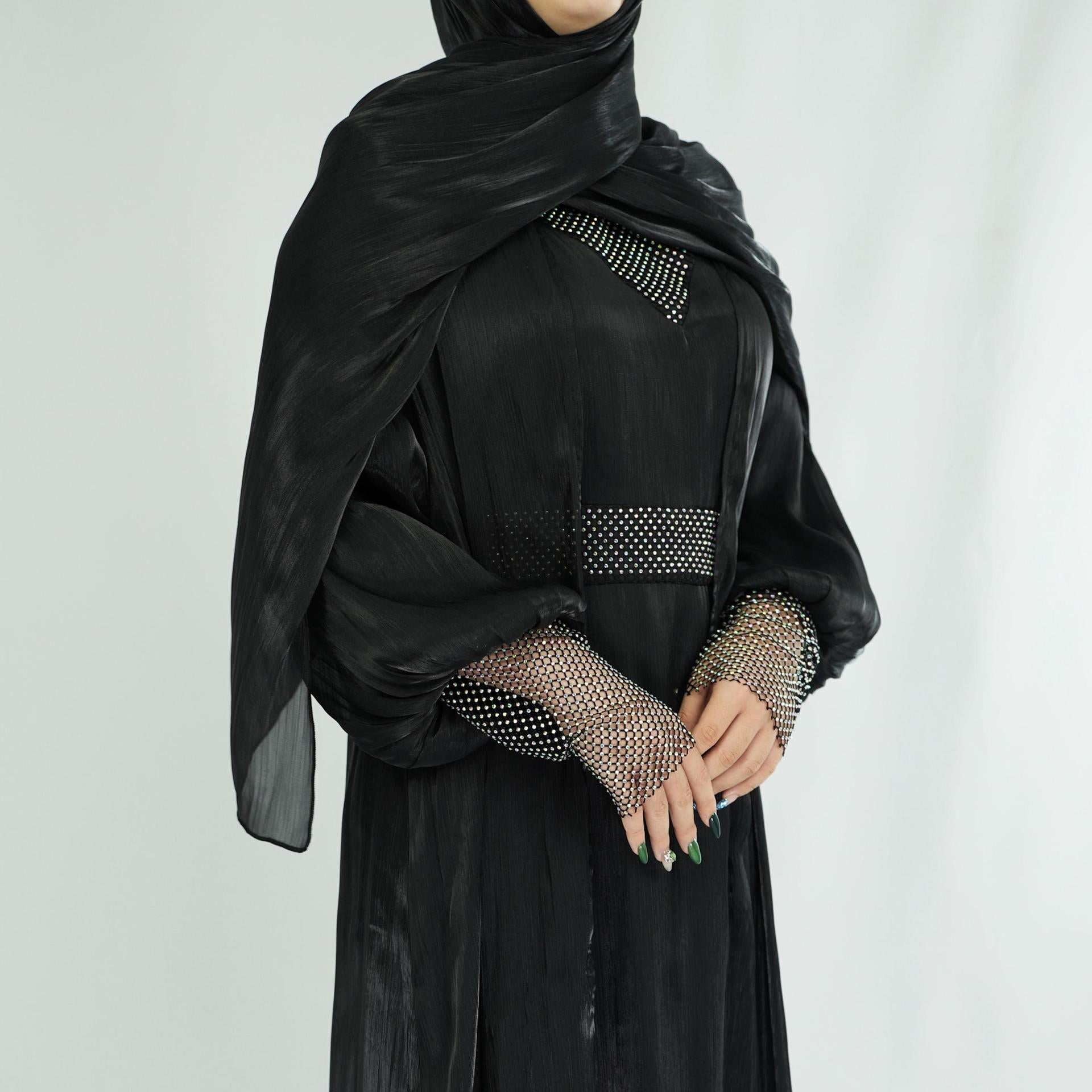 1013#4PCS Modesty hot selling shiny silky muslim islamic clothing abaya set with matching scarf
