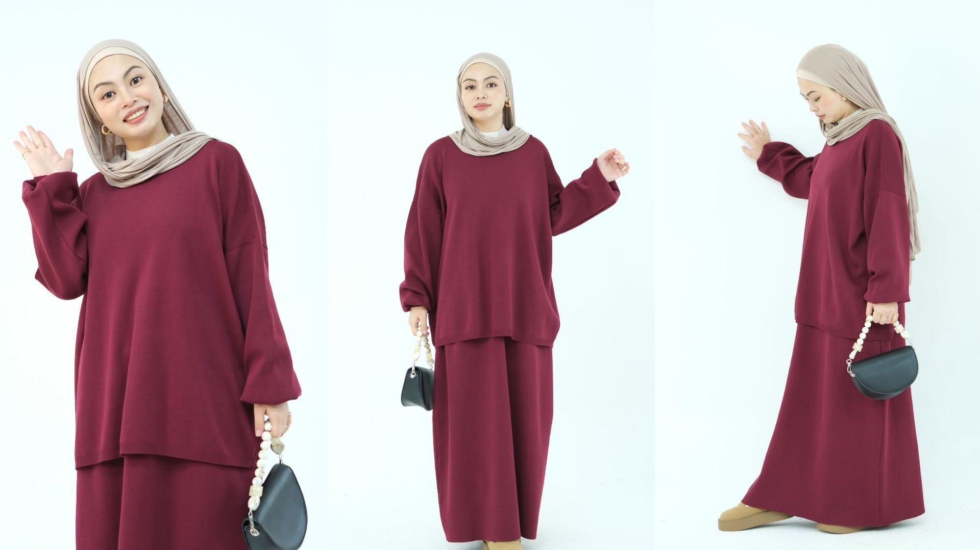 1928#Knit Fabric Solid Color Women's Dress Islamic Clothing Sweater Skirt Set 2pcs Winter Set Abaya