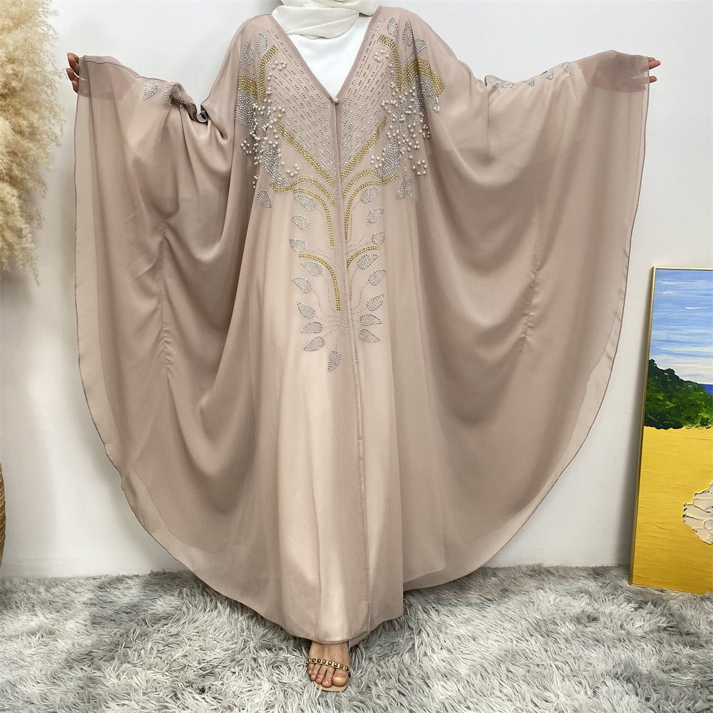 6743#Luxury New Rhinestone Chiffon Abaya Bead With Pearls Batwing Sleeves Classy Cardigan 的副本