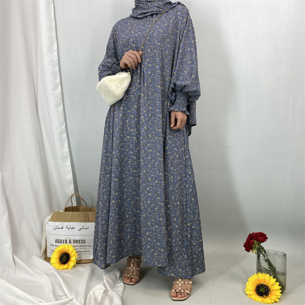 6847#Floral Printed One Piece Tradition Prayer Abaya Robe with Attached Hijab