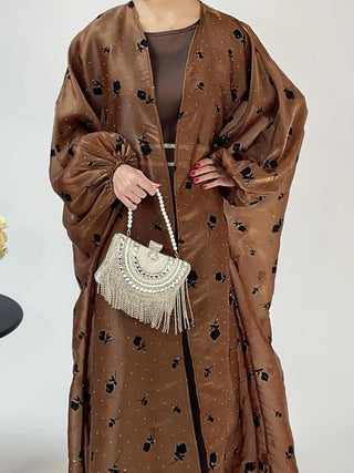 1038# High Quality Luxury Abaya Dubai Premium Satin Kimono 2 Piece Abaya Set