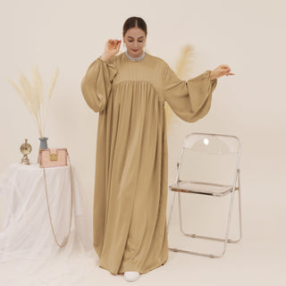 1592#High Quality Muslim Dress Puff Sleeve Soft Satin Plain Abaya