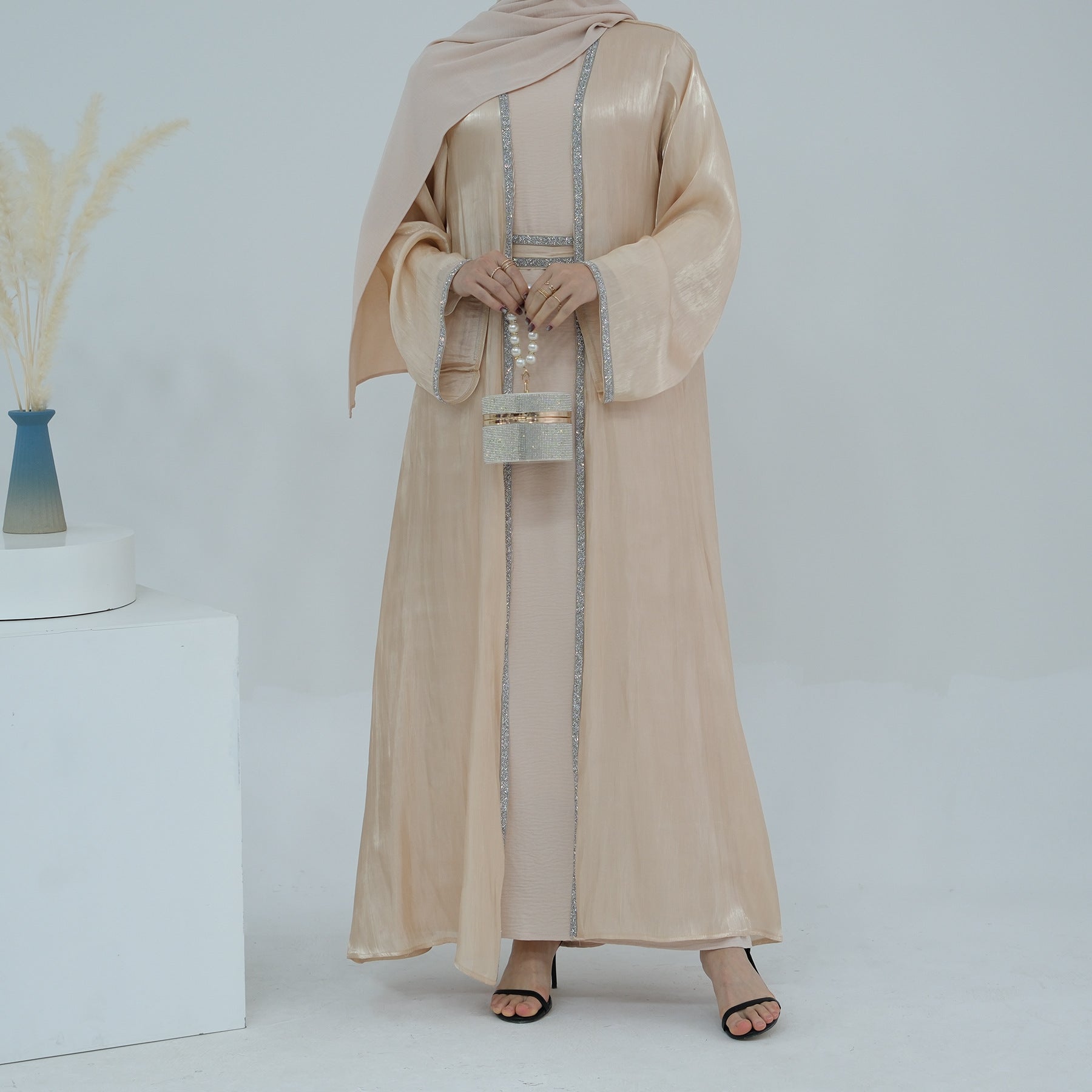 1699#2024 New Abaya Set Shinny Polyester Glitter Dubai Abaya Modest Kimono