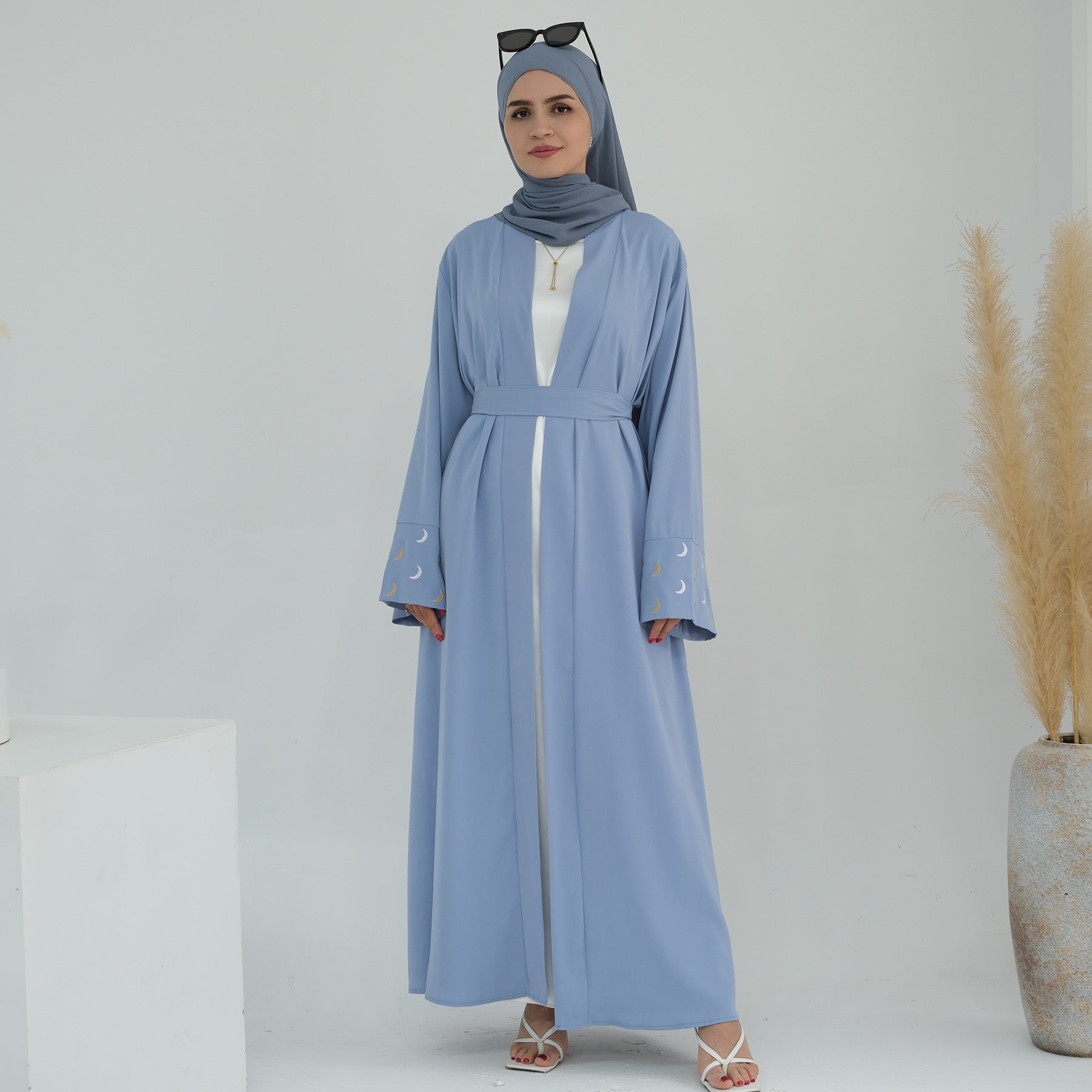 1785#New Arrival Cardigan Muslim Women's Dresses Moon Embroidery EID Linen Abaya