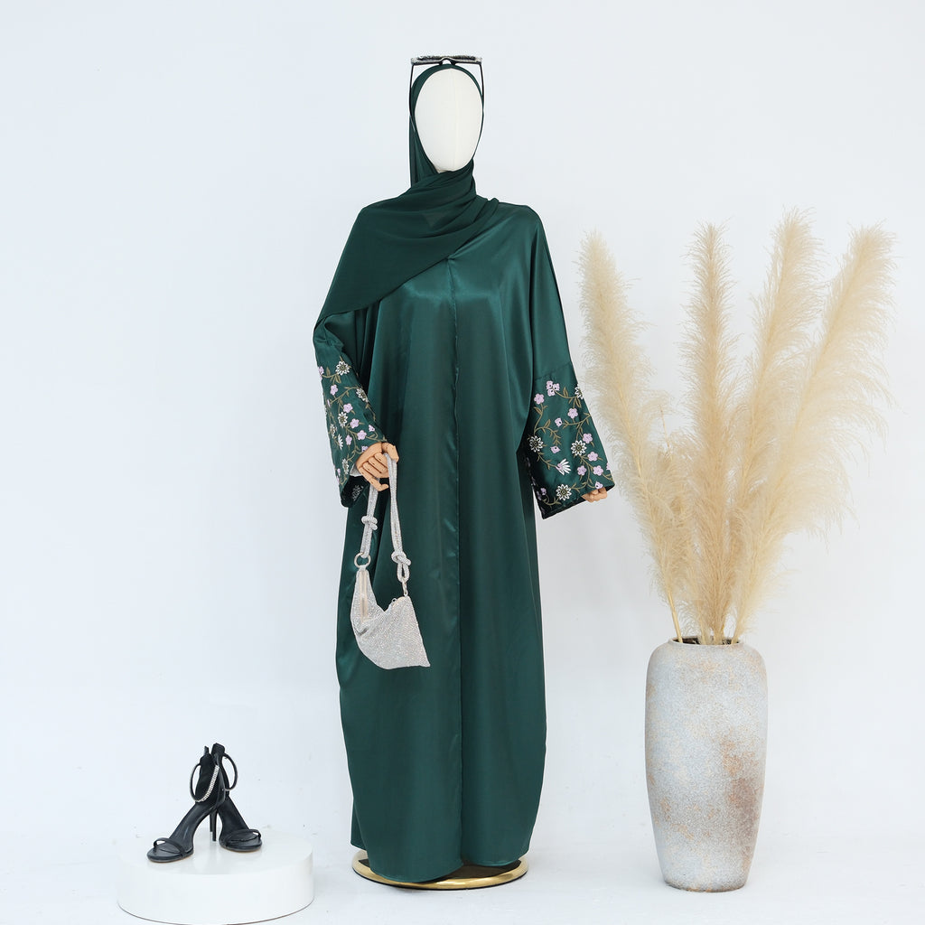 1827#Modest Dresses Black Satin Embroidery Abaya Islamic Clothing Front Open Abaya