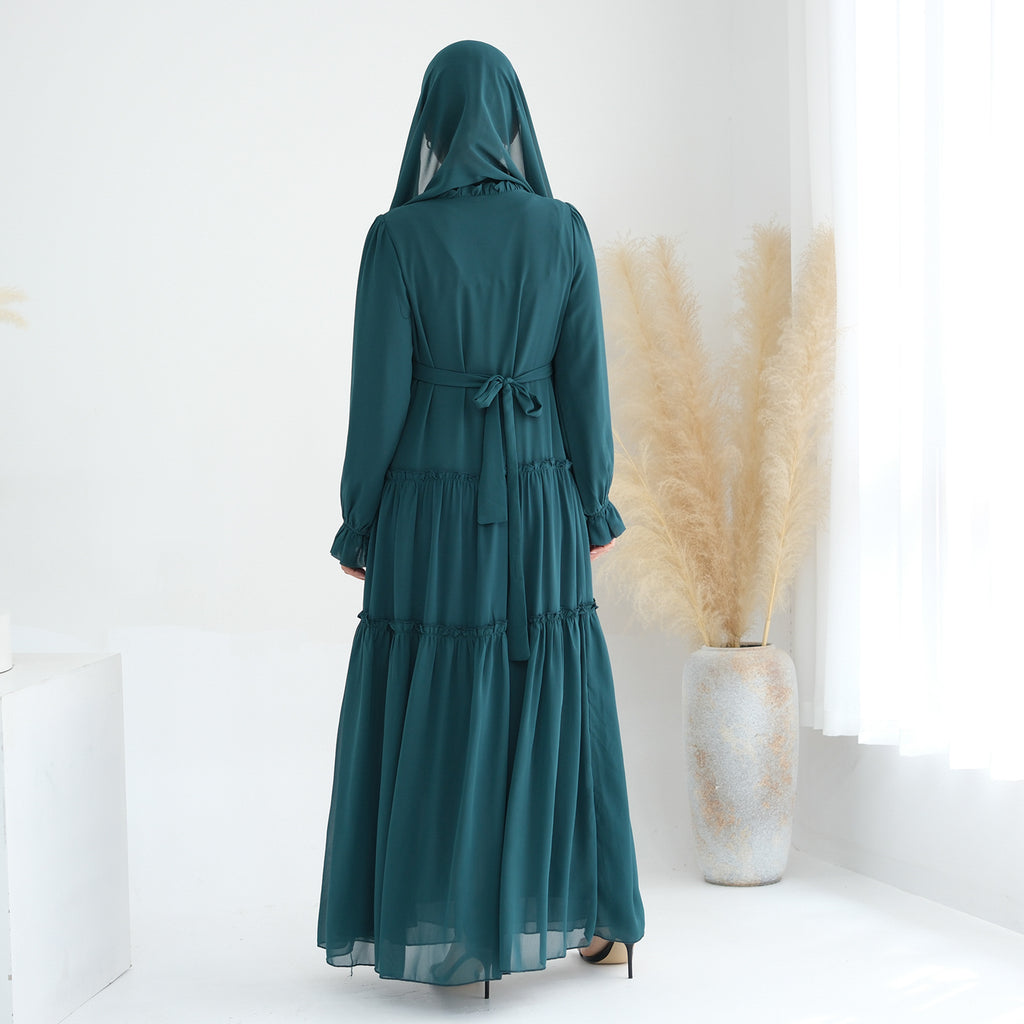 1754#2024 Solid Color Layered Chiffon Elegant Dress with Front Buttons and Lining