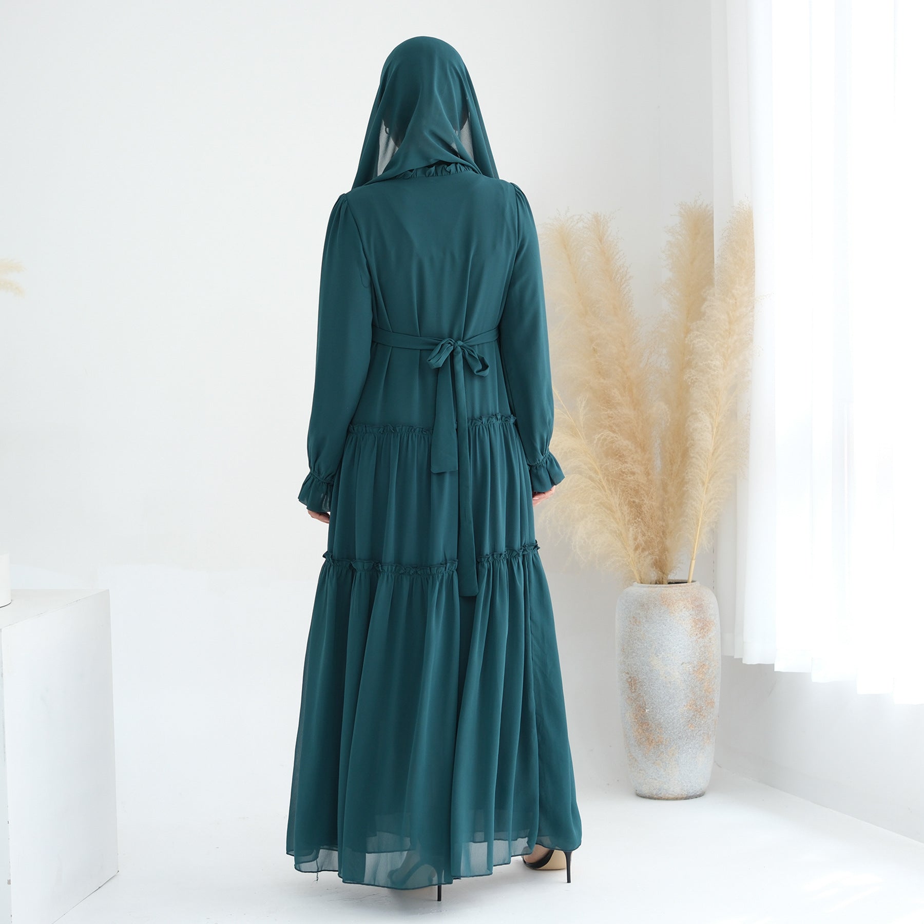 1754#2024 Solid Color Layered Chiffon Elegant Dress with Front Buttons and Lining