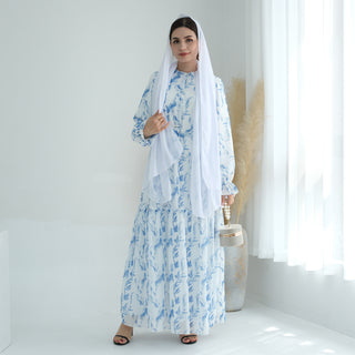 1751#High Quality Chiffon Printed Modest Casual Dresses With Belt Women Abaya Muslim Dress