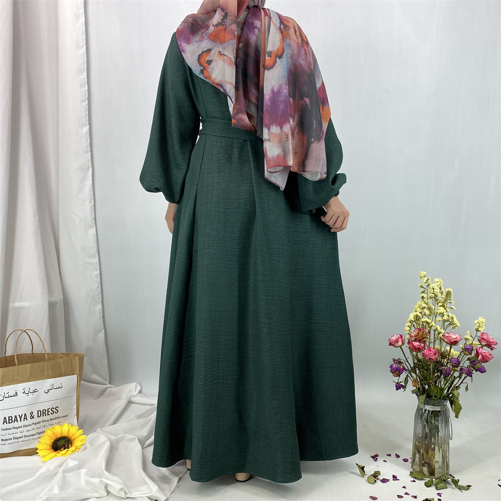 6840#New Linen Summer Abaya Dress Islamic Clothing for Dubai Turkish Muslim Women with Long Sleeve and Side Pockets