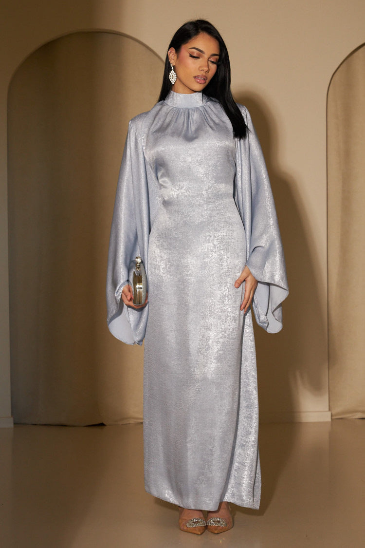 1777#New Modest Muslim Dress Long Sleeve Shinny Polyester Fashion Dubai Abaya Women Dress Elegant Islamic Clothing